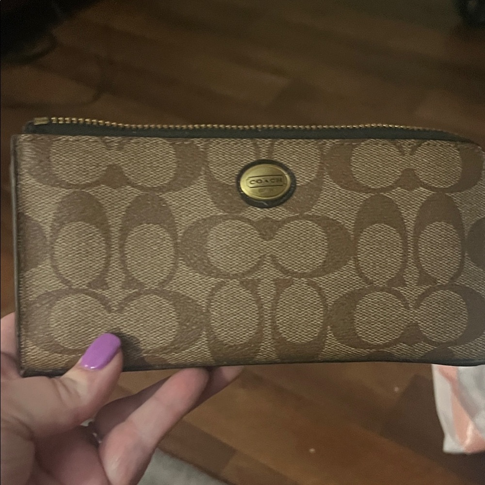 Coach Tan and Brown Signature Zip Wallet